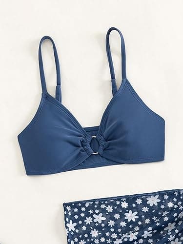 COZYEASE Girls' 3 Piece Bikini Set Ditsy Floral Print Wireless Swimsuit with Beach Skirt - 9 Years - Navy Blue thumbnail 3