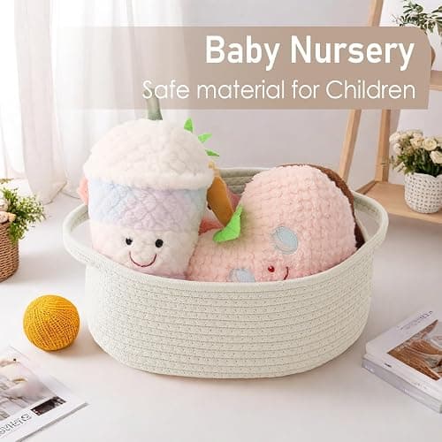 JMvicyroam Woven Basket,Small Rope Storage Bin with Handles & Ribbon Bag, Organizer for Shelves Closets,Gift Basket Empty for Birthday,Books,Dog Toys,White thumbnail 6