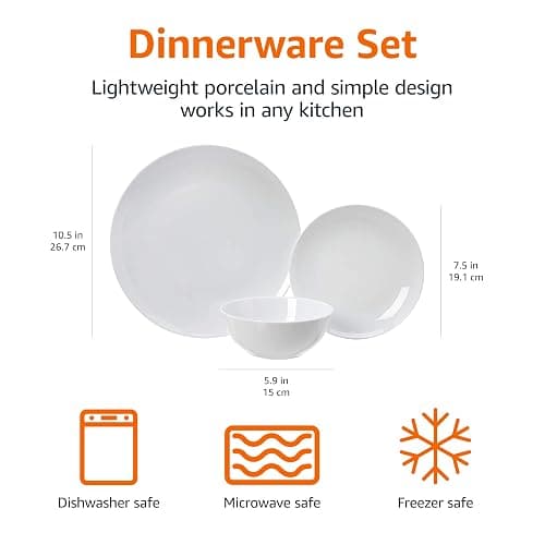 Amazon Basics 18-Piece Kitchen Dinnerware Set, Plates, Dishes, Bowls, Service for 6, White Porcelain Coupe - White Porcelain Coupe thumbnail 6