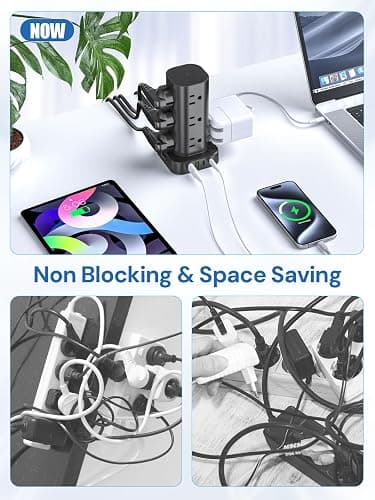 Tower Power Strip with Surge Protector - 12 AC Outlets & 4 USB Ports (2 USB-C), 6FT Extension Cord, Charging Station Tower for Home Office Dorm Travel (Black) thumbnail 7