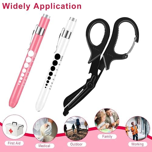 3 Pack Medical Scissors and Pen Light Set Trauma Shears Pen Lights for Nurses Bandage Scissors with Carabiner LED Penlight with Pupil Gauge Stainless Steel Nurse Shears for Doctor Paramedics EMS EMT thumbnail 7
