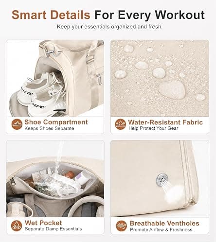 FIORETTO Womens Gym Tote Duffle Bag with Wet Pocket & Shoe Compartment, Sports Duffel Overnight Weekender Hospital Workout Carry on Bag for Girls, Ideal for Travel, Swimming, Dance, Ballet Beige thumbnail 5