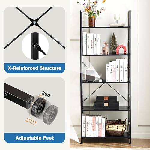 DUMOS 5 Tiers Bookshelf, Classical Book Shelf, Tall Display Shelves in Living Room/Home/Office, Storage Organizer for CDs/Books/Movies, Modern Black thumbnail 5