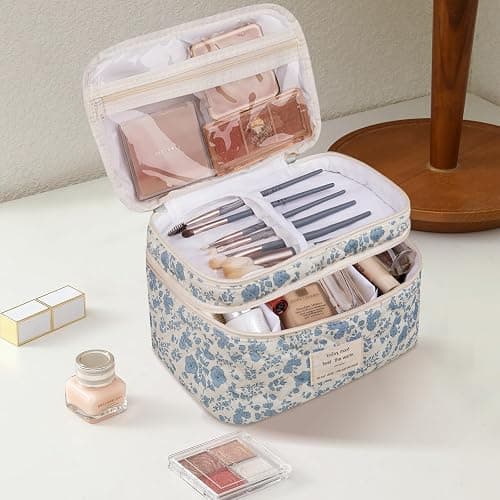 Makeup bag, Large Cosmetic Bag for Women Girls, Cute Quilted Makeup Bags, Floral Coquette Aesthetic Toiletry Bag, Travel Make Up Organizer Bag (Blue Flowers) thumbnail 2