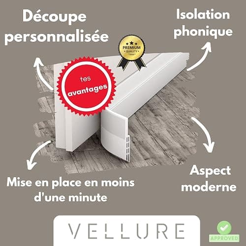 Vellure® Bas de porte anti-courant d'air & étanchéité porte - NOUVEAU bas de porte isolant (rapide à installer), idéal pour l'isolation contre le froid, le bruit & l'humidité (1 x blanc) thumbnail 5