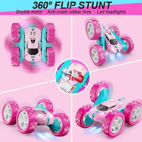 QUNREDA RC Cars, Pink Remote Control Car for Girls, 2.4 GHZ Double Sided RC Stunt Car 360° Rotating Remote Control Crawler with Headlights Car Toys for 6 7 8 9 10 11 12 Girls Birthday Gift Grandkids thumbnail 4