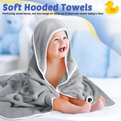 Reginary 4 Pack Baby Hooded Towels Coral Fleece Baby Bath Towels 30 x 30 Inch Soft Absorbent Hooded Bath Blanket for Newborn Toddler Infant Boy Girl Shower Gift Supplies (Gray) thumbnail 6