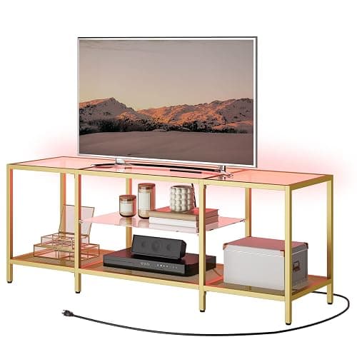 HOOBRO TV Stand with LED Lights and Power Outlets for TVs up to 65", Modern 55 Inch Tempered Glass TV Console Table with Open Shelves, Media Entertainment Center for Living Room, Gold GD145UDS01 - Image 1