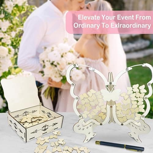 MeiWuKaBH Wooden Butterfly Guest Book Wedding Guest Book Alternative 80 Butterflies Comes with a Signature Pen Wedding Decorations for Reception Wedding Signs for Anniversary Ceremony thumbnail 7