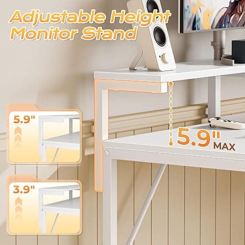 PRAISUN 47.2 Inch Gaming Desk with LED Lights & Power Outlets | Computer Desk with Drawer & Storage Shelves, Office Writing Desk with Monitor Stand for Work from Home, White thumbnail 8