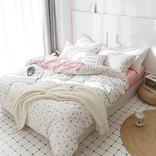HighBuy Girl Floral Duvet Cover Queen Cotton Pink Flower Coquette Bedding Comforter Covers Queen Bedding Set Pink White Lightweight Soft for Girls Garden Style Duvet Cover for Children thumbnail 6