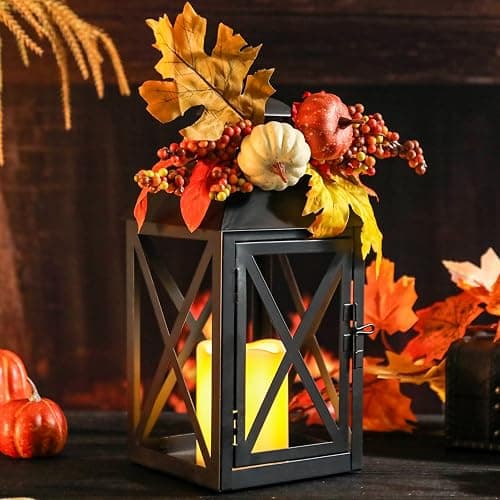 Bdor Fall Lanterns LED Candles 2 Pack 12 Inch Thanksgiving Decor Timer | Removable pumpkin and maple leaf accents, battery operated, tempered glass panels, autumn harvest and Thanksgiving decor thumbnail 2