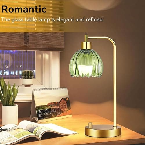 ILLMTW Green Table Lamp Set of 2,Small Glass Bedside Lamps Dimmable Boho Bedroom Lamp with Tulip Flower Lamp Shade,Gold Vintage Mid Century Modern Mini Nightstand Lamp for Bedroom Living Room thumbnail 3