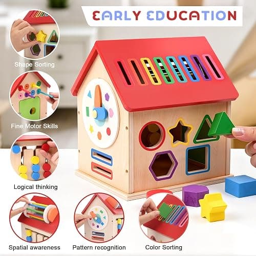 Wooden Shape Sorter Activity Cube, Montessori Toy for Toddlers 3+ Years Old | Multi-Functional Busy House Baby Color Sorting Educational Learning Toy, Birthday Gifts for Boys Girls thumbnail 4