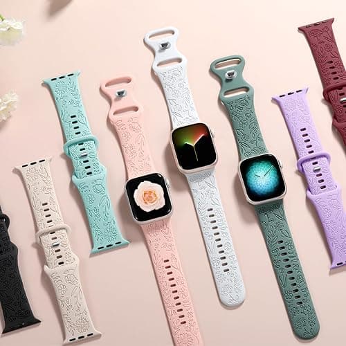 Easuny 8 Pack Bands for Women Compatible with Apple Watch 40mm 41mm 38mm 42mm 44mm 45mm 46mm 49mm iWatch Series 11 10 9 8 7 6 5 4 3 Ultra SE 3 SE 2nd, Soft Silicone Floral Engraved Dressy Wrist Straps thumbnail 9