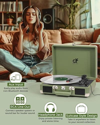 Vinyl Record Player 3 Speed Portable Suitcase Record Player with Treble & Bass Control, Built-in Speakers, 3.5mm Headphone Jack, RCA-Out/Aux in, Vintage Belt-Driven Turntable, Sage Green thumbnail 2