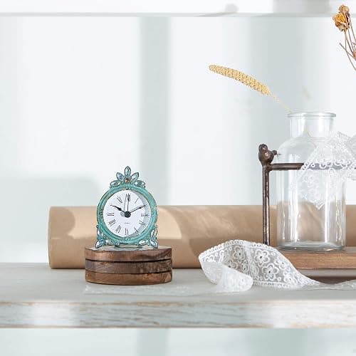 NIKKY HOME Vintage Pewter Quartz Mini Table Clock with Crystal Shining Rhinestone, 2.87 x 1.37 x 3.87 Inches, Aqua thumbnail 2