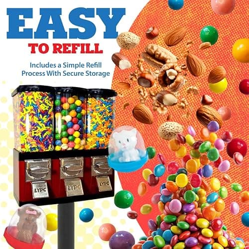 Red Triple Compartment Commercial Vending Machine for 1 inch Gumballs, 1 inch Toy Capsules, Bouncy Balls, Candy, Nuts with Stand by American Gumball Company - Triple Compartment thumbnail 5