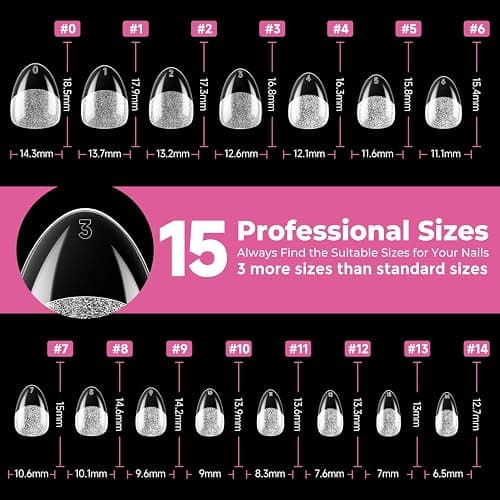 UNA GELLA Extra Short Almond Nail Tips, 15 Sizes Pre-Shaped Full Cover | 300Pcs Flexible Soft Gel Clear XS Almond Tips for DIY Press on Nails, for Daily Wear, Art Design & Salon Use thumbnail 8