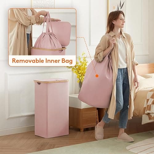 Lifewit 100L Laundry Basket with Lid, Clothes Hampers for Laundry with Bamboo Handles and A Removable Laundry Bag, Large Foldable Laundry Hamper for Bedroom, Bathroom, Dorm, Laundry Room, Pink - Pink - 100L thumbnail 3