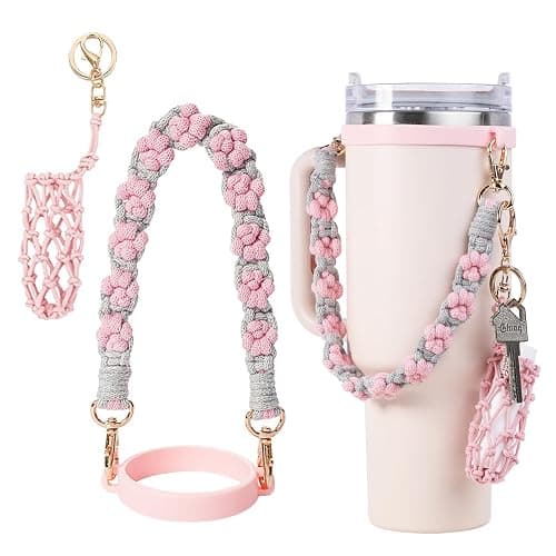 CH.yishi Handmade Stanley Cup Accessories Set Water Bottle Handle Strap, Stanley Charms for Stanley Cup 40oz & 30oz Tumbler Handle of the handbag (Gray and pink) - Gray and pink - Image 1