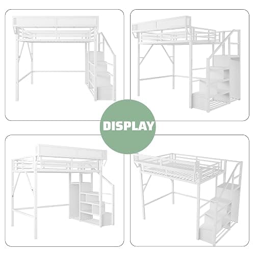 MoproBeti Full Loft Bed with Stairs, Metal Loft Beds Full Size with Storage Shelves, Adults Loft Bed with Wardrobe, Heavy Duty High Loft Bed for Teens, No Box Spring Needed, No Noise,White thumbnail 9