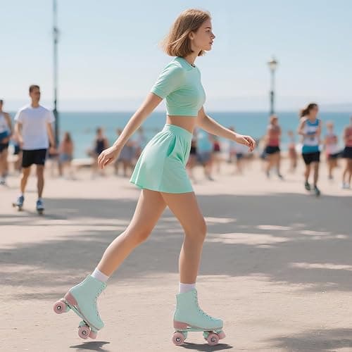 YYW Roller Skates for Women Girls Black Pink Roller Derby Skates Light Up Adult Double Row PU Leather Skates for Youth Adult Beginner Outdoor thumbnail 2