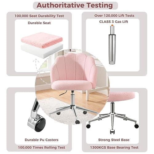 Eufurnibi Vanity Chair for Dressing Table with Wheels, Boucle Chair for Bedroom, Swivel Armchair for Home, Height Adjustable&Easy Assembly, Pink thumbnail 5