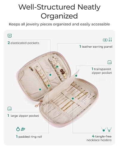 BAGSMART Travel Jewelry Case Jewelry Organizers and Storage Earings Holder Organizer for Women Necklace Holder Jewelry Rolls for Necklaces, Earrings, Bracelets-Pink thumbnail 3