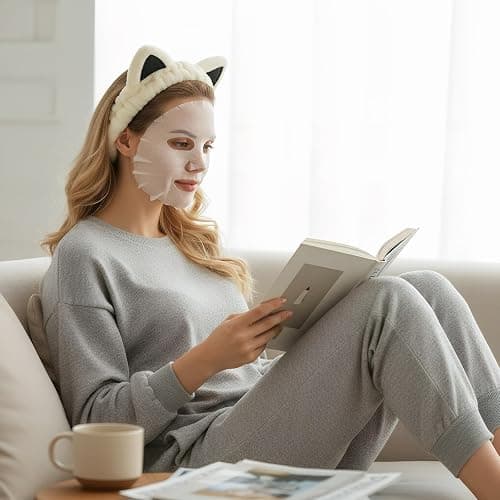 Cat Ears Headband, Cute Spa Headband and Wristband Set Washing Face Skincare Makeup Headbands for Women Girls Trendy Stuff Present Soft Coral Fleece Hair Accessories(1Beige+2Khaki) thumbnail 4