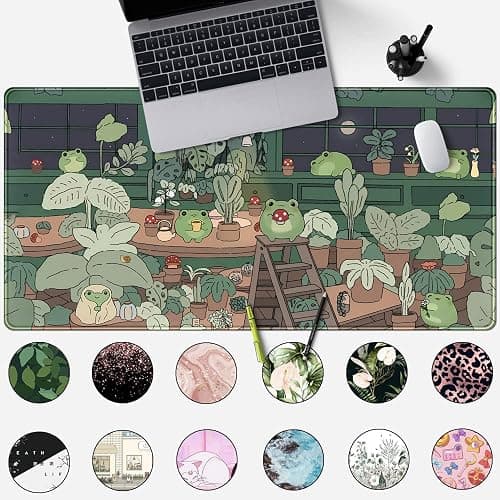 Cute Frog Mouse Pad Desk Pad Kawaii Green Desk Decor Mat, Large Gaming Mouse Pad for Desk Computer Keyboard Laptop, Home Office Accessories for Girl (31.5x15.7 in)-with Stitched Eges Pad - Image 1