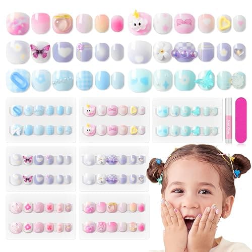 SAVILAND 3D Press on Nails for Kids: 7 Pack Kids Press on Nails for 5-9 Years Pre Glue Full Cover Short Kid Fake Nails Stick On Children Artificial False Nail Tips Fingernails Christmas Gifts for Kid - Image 1