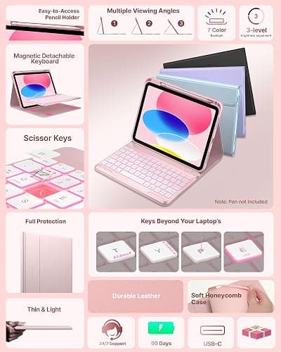 typecase Folio iPad 11th/10th Gen Keyboard Case (11" A16 2025 & 10.9" 2022) – Magnetic Wireless Detachable Keyboard, 7-Color Backlight, Thin & Light, Pencil Holder – Light Pink thumbnail 3