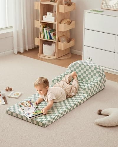 Blissful Diary Foldable Toddler Couch, 2-in-1 Comfy Toddler Chair & Lounger for Reading, Playroom, Kids Couch Sofa for Girls Boys Birthday Gift, Sage Checkered thumbnail 2