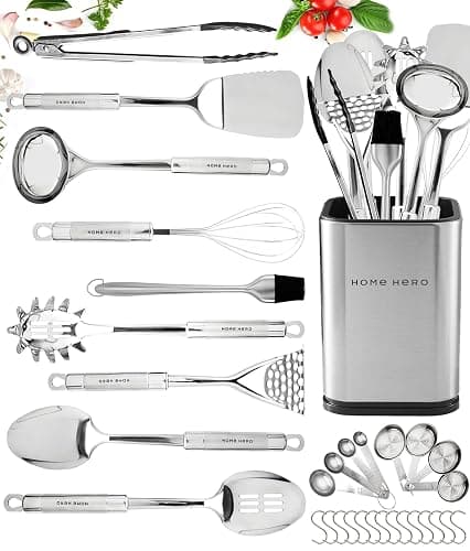 Home Hero 32-Piece Stainless Steel Kitchen Utensil Set - Heat-Resistant Nonstick Silicone Tools - Durable Stainless Steel Cooking Tools - Measuring Cups & Spoons with Holder - 32 Pc, Silver - Image 1