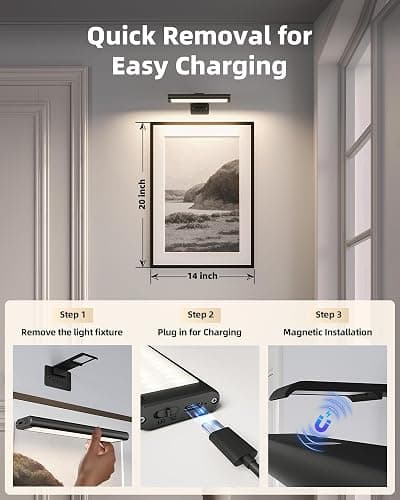EZVALO Picture Light for Wall, Rechargeable 2400mAh Battery Lights Wireless with IR Remote, 3 Color & Dimmable Magnetic 7.8'' LED Lights Display for Painting, Living Room, Gallery, Bedroom(Black-3P) thumbnail 7