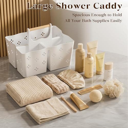 GVY Plastic Shower Caddy Portable, Large Capacity Shower Basket with Handle, Divided Bathroom Toiletry Organizer, Quick-Drain Shower Caddy for College Dorm Beach Kitchen Essentials, White. thumbnail 4