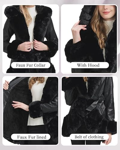 GRAN ORIENTE Women's Faux Leather Coat with Faux Fur Collar,Winter Warm Belted Mid Length Trim Jacket Fur Lined with Hood thumbnail 4
