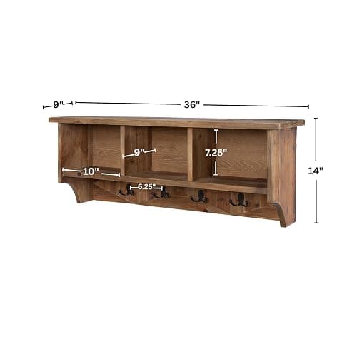 Renew Solid Wood Wall Mounted Coat Hook, Storage, 3 Cubbies, 4 Double Hooks, Natural Brown Finish, Easy Installation, French Cleat, Ideal for Entryway Organization, 36 in. W x 9 in. D x 14 in. H thumbnail 3