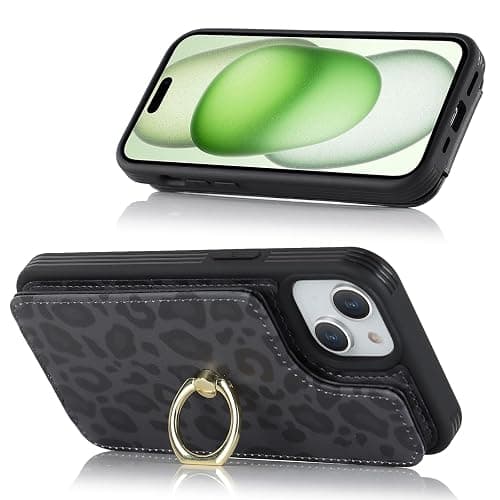 SailorTech für iPhone 15 Handyhülle mit Kreditkartenhalter für Frauen, iPhone 15 Hülle Ring-Ständer Kartenschlitze Standfunktion Modische Tasche für Männer - Schwarzer Leopard thumbnail 3