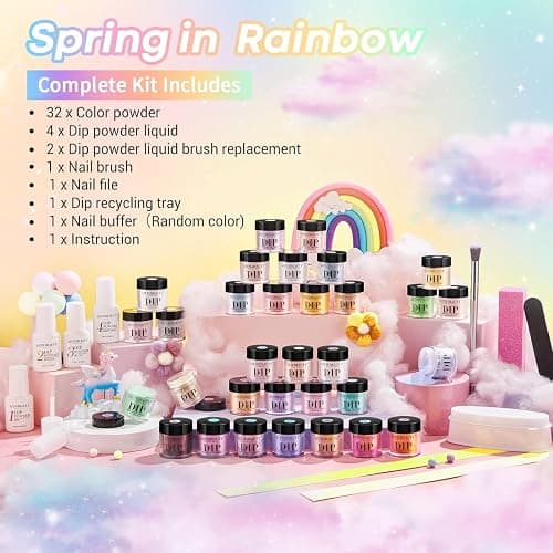 AZUREBEAUTY 42Pcs Dip Powder Nail Kit Starter, 32 Colors Spring Rainbow Bright Pink Red Green Acrylic Dipping Powder Set with Top/Base Coat Activator for French Art Manicure DIY Salon Gift thumbnail 7