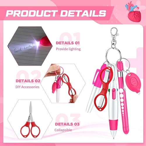 MotiMind 6 Pcs Nurse Pen Set RN Badge Accessories Essentials, Pink | Nurse Marker Pen, Retractable Ballpoint Pen, Keychain Clip, Foldable Scissors, LED Flashlight, Nurse Accessories thumbnail 4