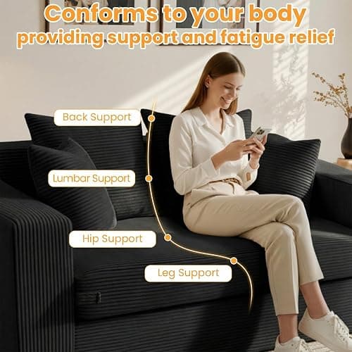 55" Small Boneless Couch, 3-in-1 Boneless Loveseat Sleeper Sofa Bed Convertible Sofa Bed with 4 Pillows, Black Corduroy Boneless Couch for Living Room, Guest Room, Small Space, No Assembly Required thumbnail 7