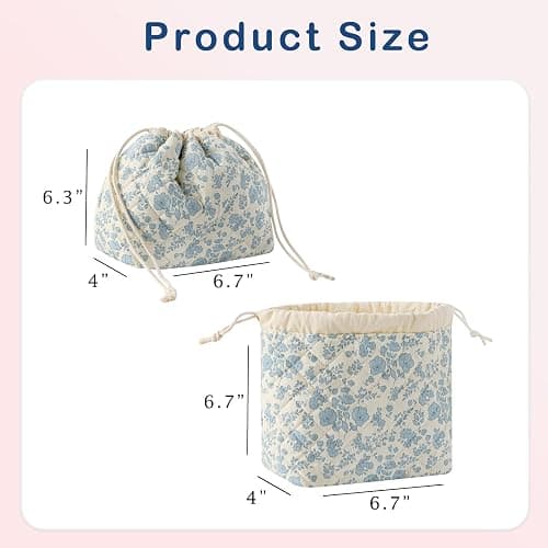 Cotton Quilted Drawstring Makeup Bag with Canvas Lining,Coquette Aesthetic Cute Travel Toiletry Bag,Drawstring Gift Bag for Women and Girls（02Light Blue Flower） thumbnail 3