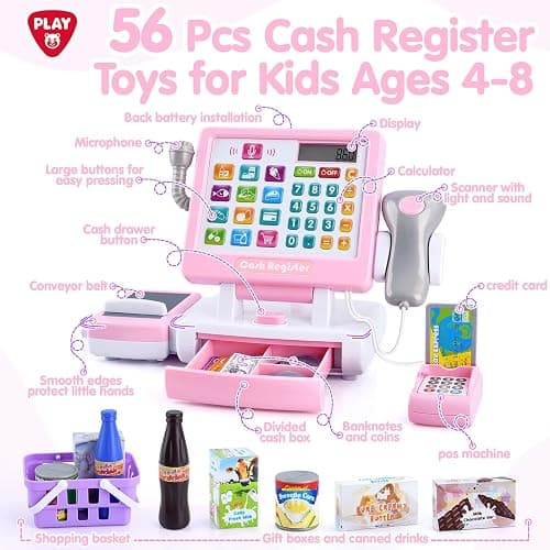 PLAY Kids Cash Register Toy - Pretend Play Calculator Register Toys with Microphone/Conveyors/Play Money/Scanner/Credit Card/Cans/Drink, 3+ Toddler Develops Early Math Skills Learning Toys thumbnail 3