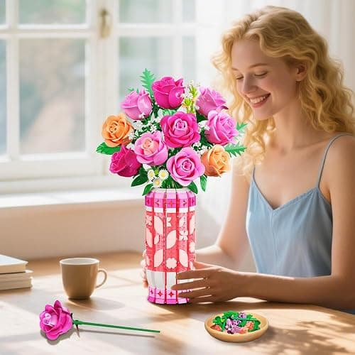 CUBIMANA Romantic Pink Roses Bouquet Building Set with Vase & LED Light, Easter Gifts for for Her/Women/Adults, 3.6MM Mini Flowers Building Toys, Artificial Flowers for Home Office Decor & Display thumbnail 6