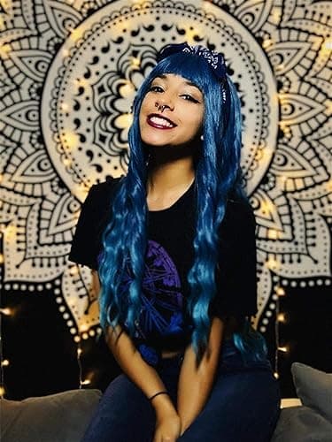 Netgo Teal Wig for Women, Dark Blue Wig with Bangs, Long Fluffy Curly Wavy Blue Hair Wigs for Girl Synthetic Daily Cosplay Party Wigs - Dark Blue thumbnail 6