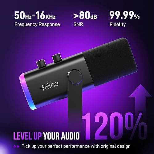 FIFINE XLR/USB Gaming Microphone Set, Dynamic PC Mic for Streaming Podcasting, Computer RGB Mic Kit with Boom Arm Stand, Mute Button, Headphones Jack, for Recording Vocal Voice-Over-AmpliGame AM8T thumbnail 3