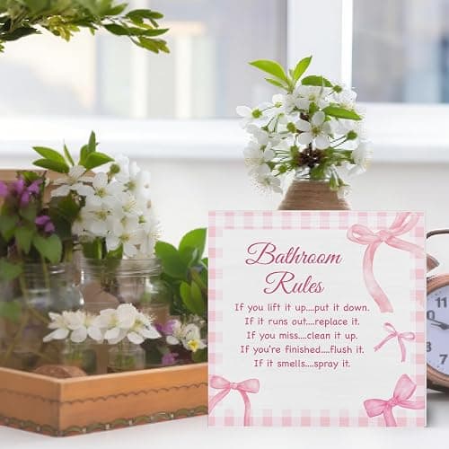 Pink Bow Bathroom Decor, Girls Bathroom Rules Rustic Wooden Box Sign, Little Pink Restroom Decor Farmhouse Toilet Signs thumbnail 4