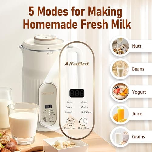 Nut Milk Maker, AlfaBot N2 Automatic Almond Milk Machine for Homemade Plant-Based Milk, Oat, Soy, Yogurt, 5 Modes/35OZ Big Capacity Soy Milk Maker with Delay Setting and Self Cleaning (Cream) thumbnail 7